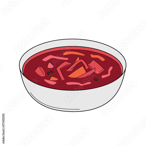 Vibrant Bowl of Beetroot Soup with Colorful Vegetable Pieces