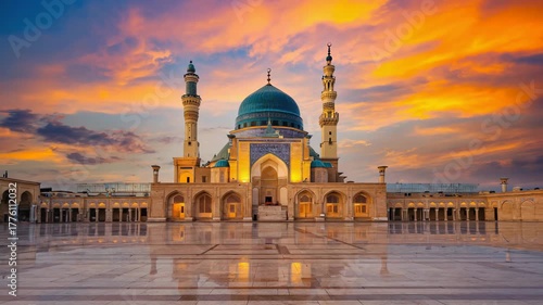 Majestic Islamic Mosque at Sunset | Turquoise Dome and Twin Minarets Reflected in Courtyard

Golden Hour Mosque Beauty | Sunset Light on Turquoise Dome and Reflective Courtyard