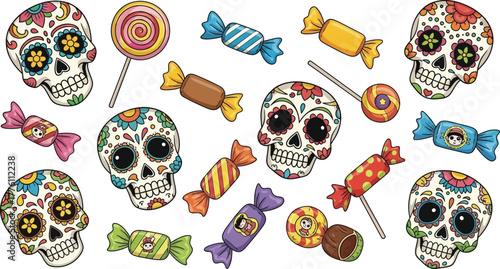 Dia de los muertos sugar skull candies festive collection for celebrations and decorations isolated on transparent background