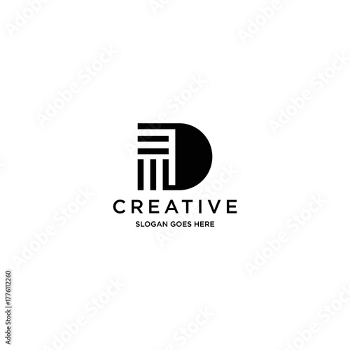 Abstract blac geometric letter D with parallel lines. Stripes modern logotype concept, futuristic design for an innovative company, minimalist sporty and technological power style. Vector illustration