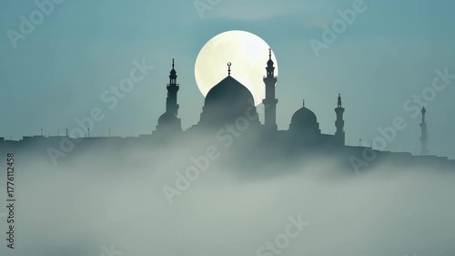 Silhouetted Mosque Under Full Moon | Majestic Islamic Architecture in Dreamlike Night Sky

Mystical Moonlit Mosque Scene | Serene Islamic Silhouette Amid Ethereal Clouds