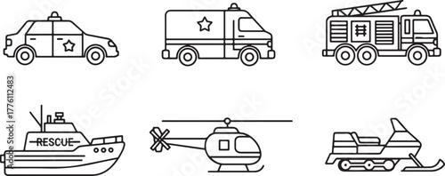 Set of six emergency and rescue vehicle icons on white background Keywords: police car