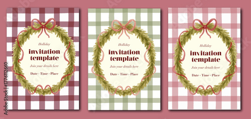 CHRISTMAS INVITATION TEMPLATE SET – ELEGANT WATERCOLOR HOLIDAY PARTY CARDS, RED AND GREEN TARTAN VINTAGE COQUETTE DESIGN