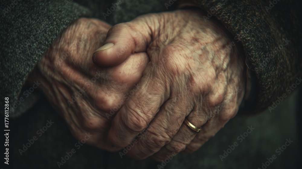 Fototapeta premium Elderly hands clasped together, showcasing the beauty of age and wisdom in a serene setting