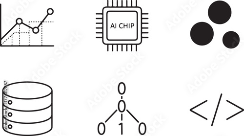 Six Icons Representing Technology and Data on White Background Keywords: AI chip, graph, data