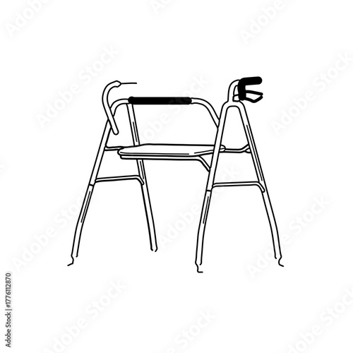 Line art illustration of a folding walker with seat and hand grips