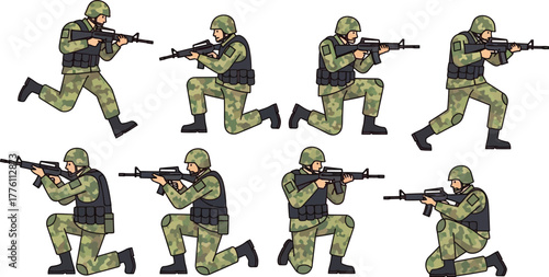 Dynamic military figures in action poses holding rifles for tactical design projects isolated on transparent background