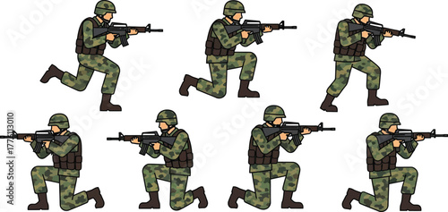 Collection of diverse soldier poses in combat ready stances with rifles illustrated graphics isolated on transparent background