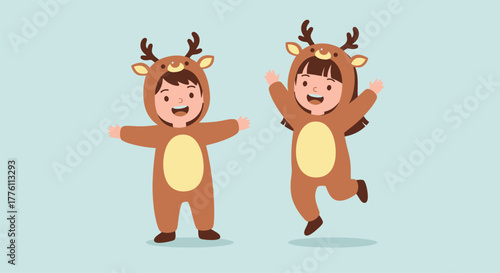 Two happy children wearing reindeer costumes, one standing with arms outstretched, the other jumping with joy.