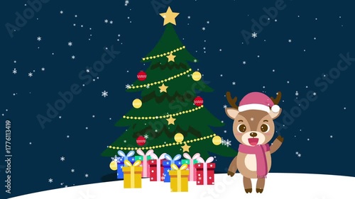 Cute Cartoon Reindeer Waving by a Snowy Christmas Tree Animation.