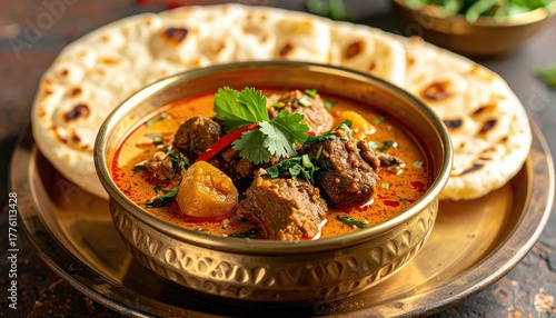 Indian Lamb Curry Dish with Naan Bread in a Decorative Brass Bowl with Cilantro Garnish and Natural Lighting