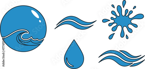 Set of dynamic water elements including waves splash drop and sphere for aquatic themed designs isolated on transparent background