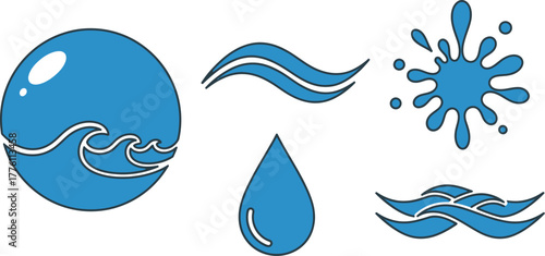 Collection of blue water icons and splashes representing fluidity purity refreshment and nature isolated on transparent background