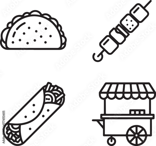 Street Food Icons Taco Skewers Burrito Food Cart With White Background Keywords: taco mexican