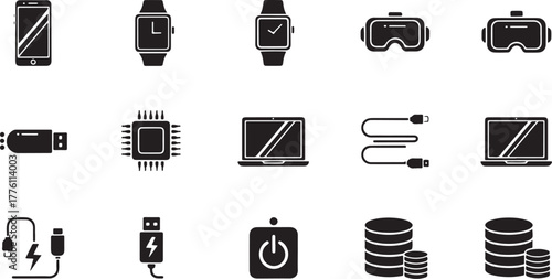 Technology and Gadget Icons Including Smartphones and VR Headsets mobile phone smartwatch