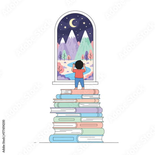 Child on books looking out window at starry night landscape.