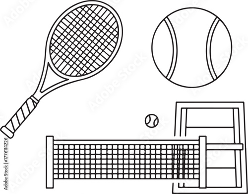 Tennis Equipment Icons Including Racquet Ball and Net Keywords: tennis, sport, racquet, ball