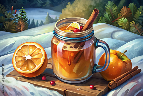 Homemade hot apple cider in mason jar with visible cinnamon stick and apple slice, set on fresh snow creating rustic winter comfort feeling