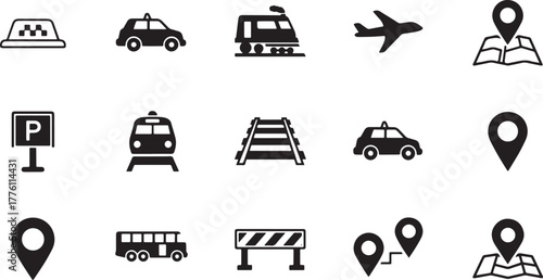 Transportation and Location Icons Set on White Background airplane airport