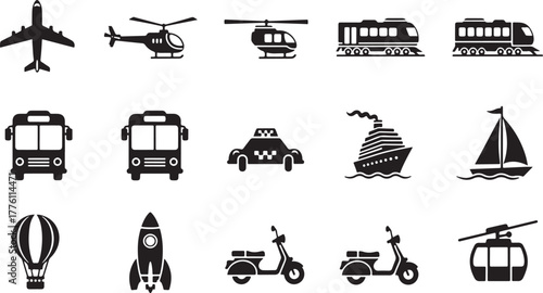 Transportation Icons Airplane Helicopter Train Bus Taxi Ship Sailboat vehicle travel