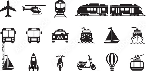Transportation Icons Set Black Silhouettes airplane helicopter