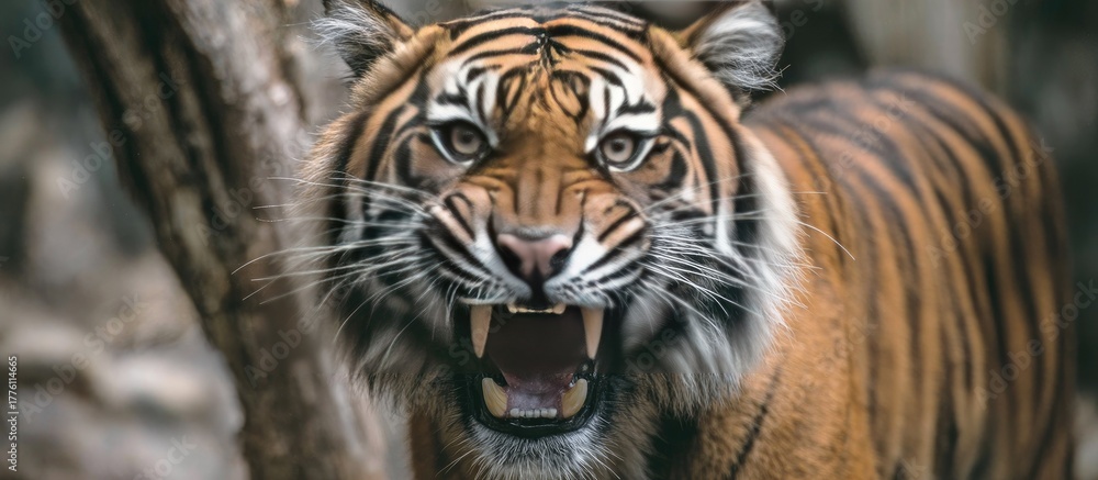 Fototapeta premium Fierce Tiger Growling with Orange and Black Stripes in the Wilderness