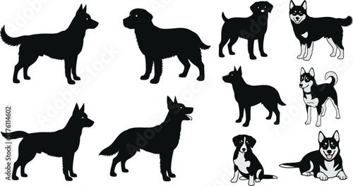Collection of diverse dog silhouettes capturing various breeds and poses for creative projects isolated on transparent background