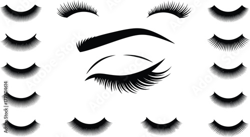 Collection of luxurious false eyelash styles for enhanced eye beauty and glamour makeup isolated on transparent background