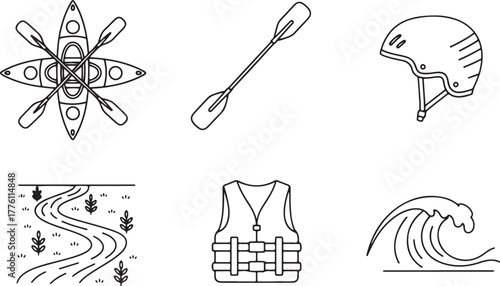 Water Sports Icons Kayaks Paddle Helmet River Wave Life Vest recreation activity