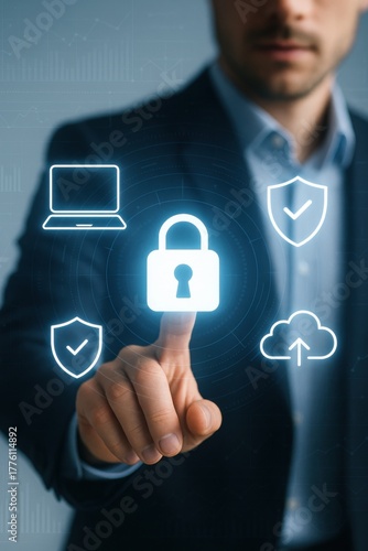 Businessman Using Digital Technology for Cyber Security and Data Protection in Modern Office Environment