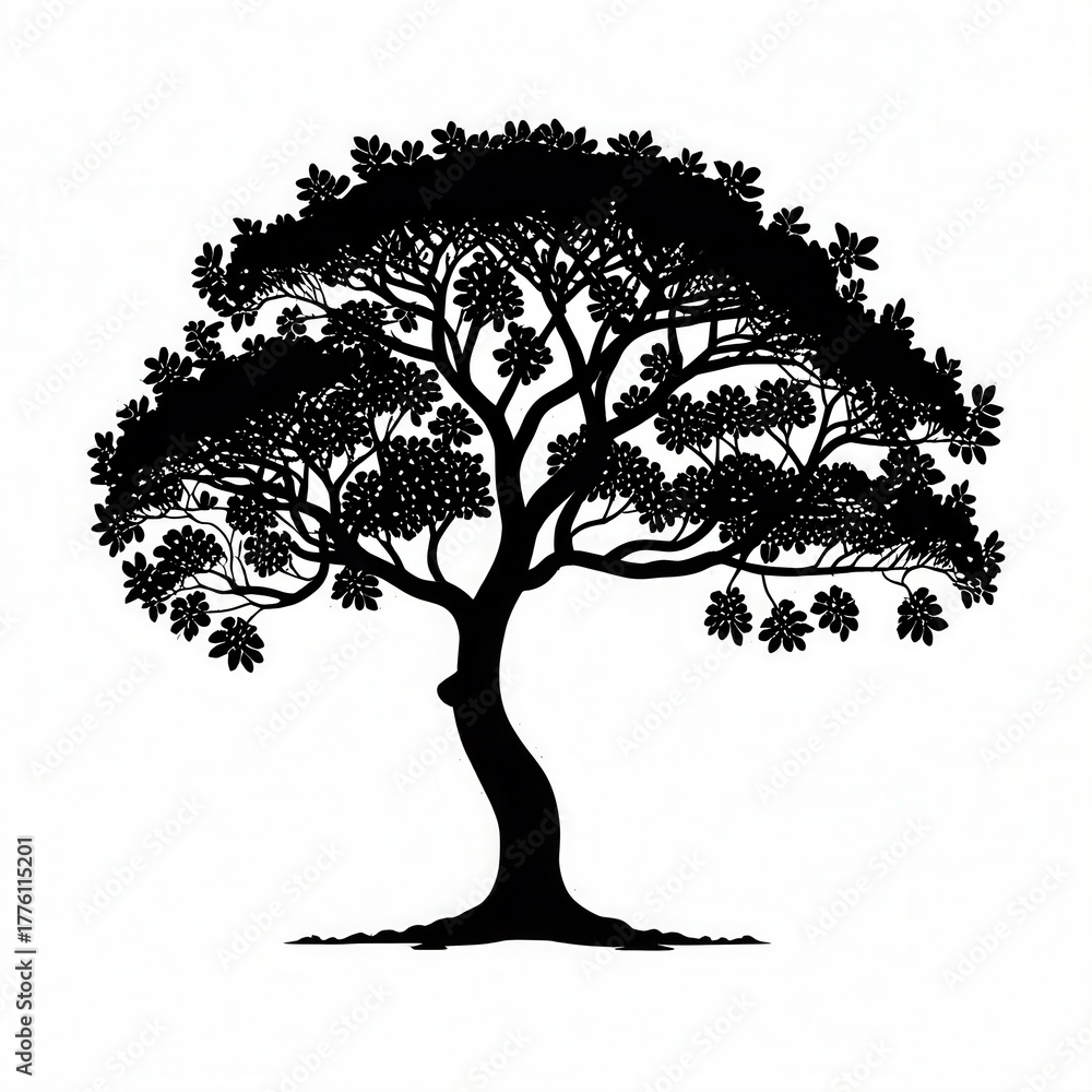 Obraz premium Silhouette Tree Dense Leaves Branches Trunk Roots Shape Vector Graphic