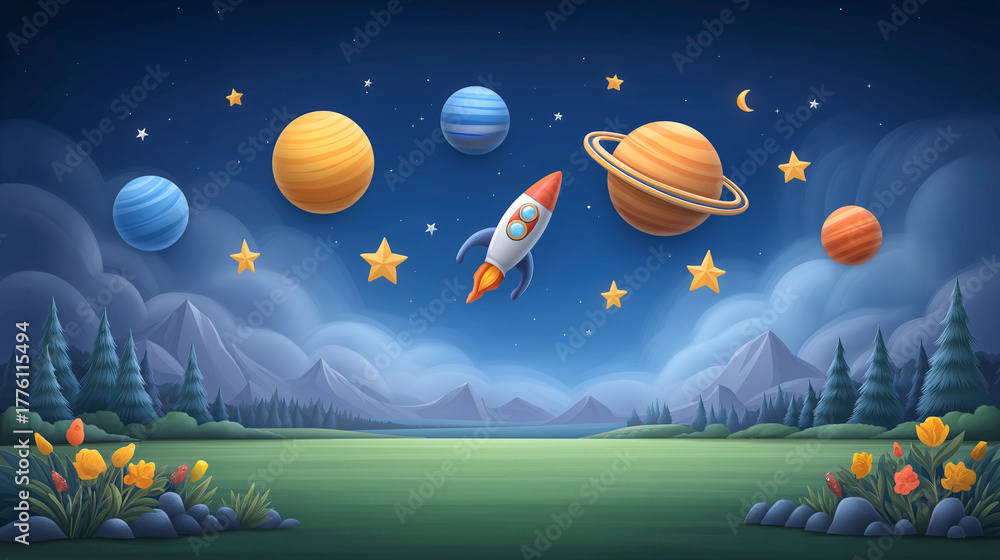 Naklejka premium Cosmic Expedition A whimsical illustration of a rocket ship soaring through a starry night sky, surrounded by planets and stars, above a peaceful landscape.