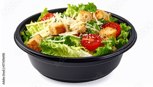 Fresh Caesar Salad in a Black Bowl with Tomatoes and Croutons ready to eat