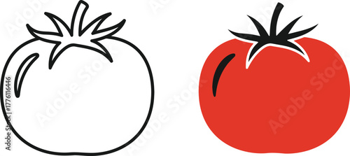 Simple line art and realistic red tomato icons for food and cooking projects isolated on transparent background