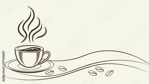 Warm steaming coffee cup with beans design evokes morning comfort and cozy café ambiance for a perfect start