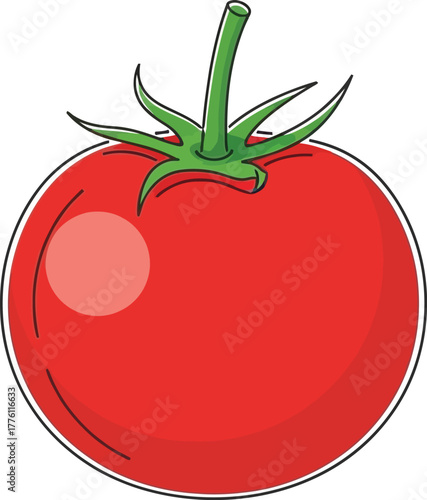 A single ripe red tomato with green stem and leaves on a isolated on transparent background