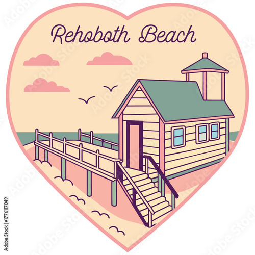Rehoboth Beach Heart Illustration Featuring Lifeguard Station, Ocean Waves, and Pink Clouds