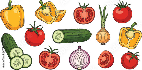 Fresh assortment of colorful vegetables including tomatoes peppers onions and cucumbers for healthy eating isolated on transparent background