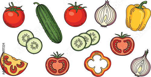 Fresh variety of vegetables and slices tomatoes onions cucumber bell pepper collection isolated on transparent background