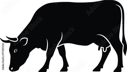 Silhouette of a grazing cow with detailed horns and udder farm animal livestock farm agriculture natural isolated on transparent background