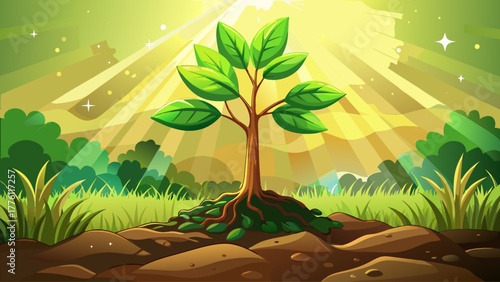A small tree sapling growing from moist soil, bathed in golden morning light, surrounded by fresh green grass and bokeh background, symbolizing hope, sustainability, and new beginnings