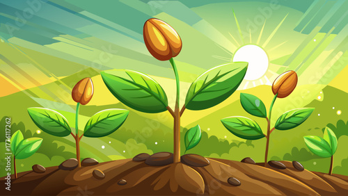 Close-up of young coffee bean seedlings sprouting from rich soil under soft sunlight, symbolizing growth, freshness, and natural energy, surrounded by a lush green blurred background