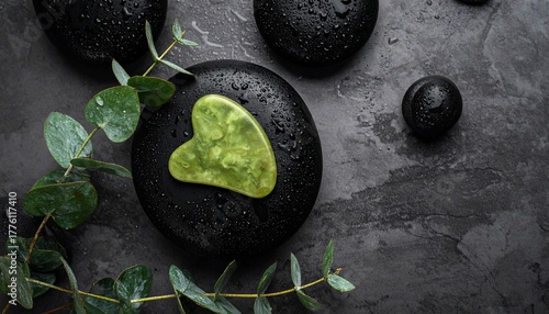 Zen stones and gua sha tool surrounded by eucalyptus, a spa and wellness concept