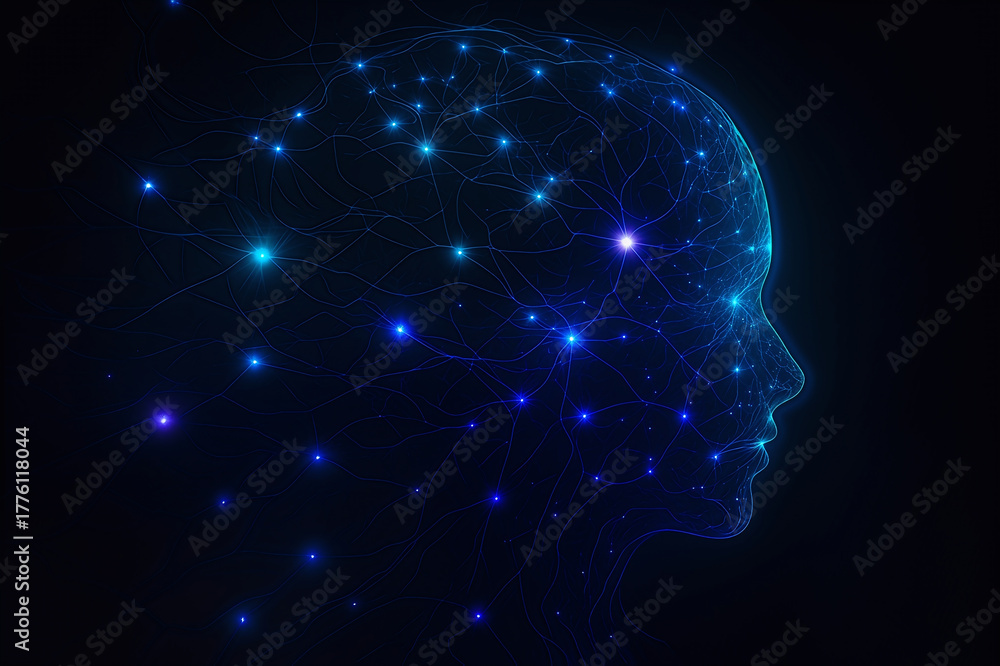 Obraz premium Artificial Intelligence and Neural Network Concept - Glowing Brain Silhouette