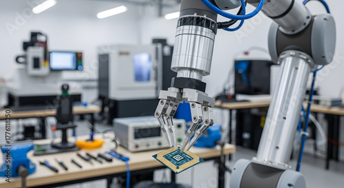Automated Robotic Arm Handling Microchip in Manufacturing Factory Robotics Technology Precision Assembly AI Industrial Automation Advanced Production