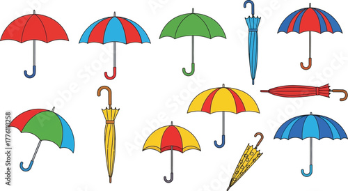 Collection of colorful umbrellas displayed open and closed variety of designs and shades perfect for weather-related content isolated on transparent background