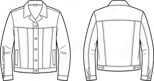 Technical fashion flat sketch of classic denim jacket with button front, collar, pockets, sleeve cuff details, vector apparel template illustration