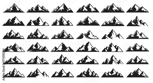 Collection of various mountain silhouettes in black color, arranged in rows and columns.