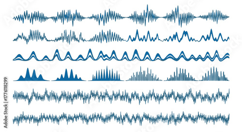 Different types of waveforms are displayed in blue on a white surface, representing various signals.