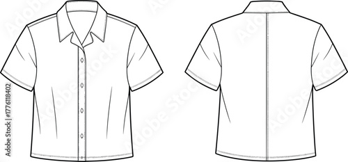 Front and back short sleeve shirt flat sketch with collar and button details, fashion technical vector for apparel design template